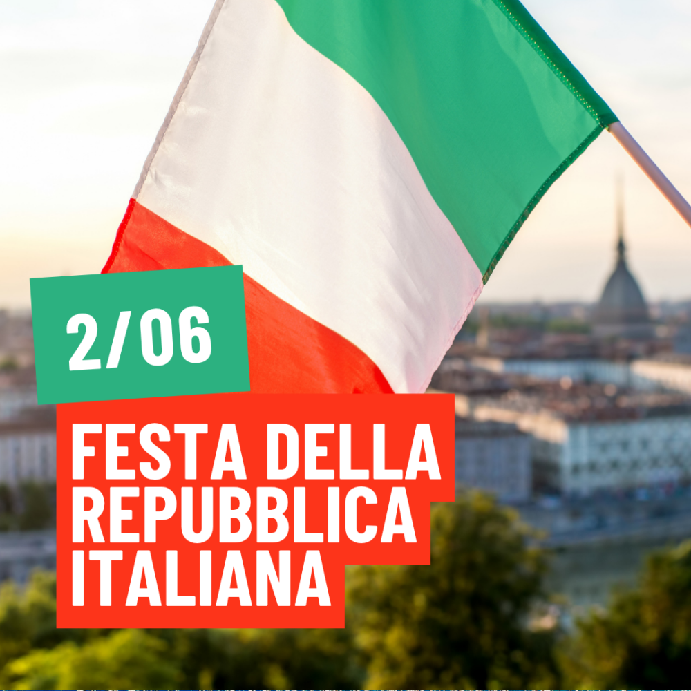 2 giugno: Festa della Repubblica Italiana. Tricolore italiano che sventola. Torino come sfondo.