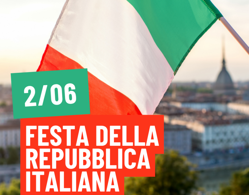 2 giugno: Festa della Repubblica Italiana. Tricolore italiano che sventola. Torino come sfondo.